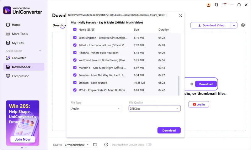 select file type and audio quality in uniconverter