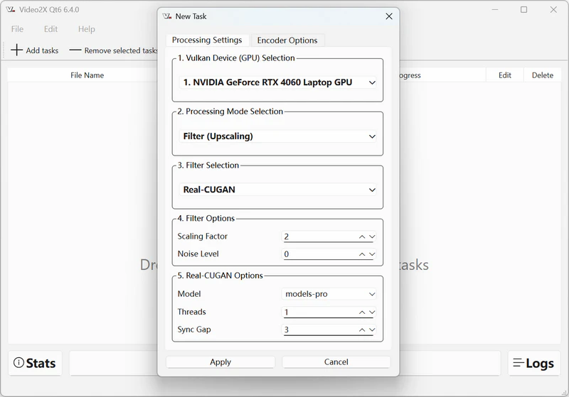 video2x processing settings