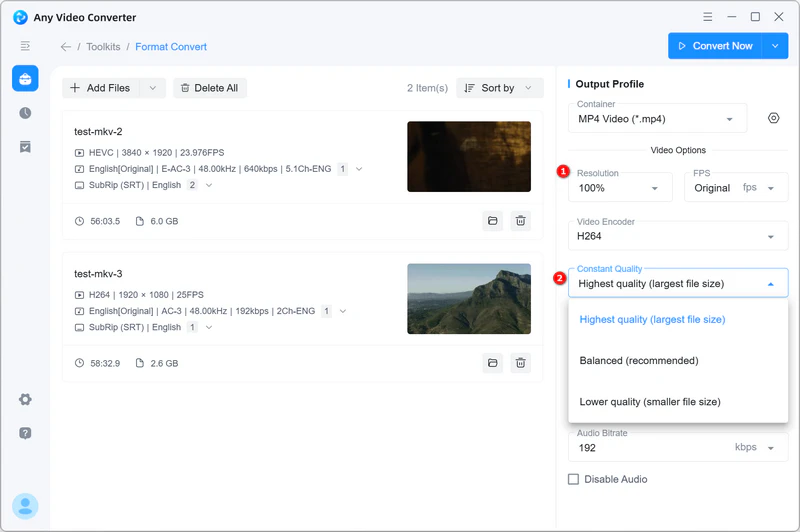 adjust constant quality in any video converter