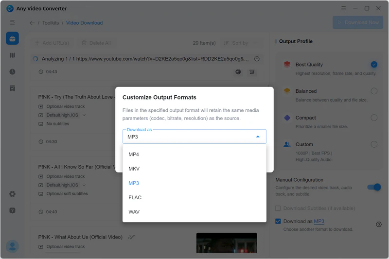 select mp3 as the output format to download youtube playlist